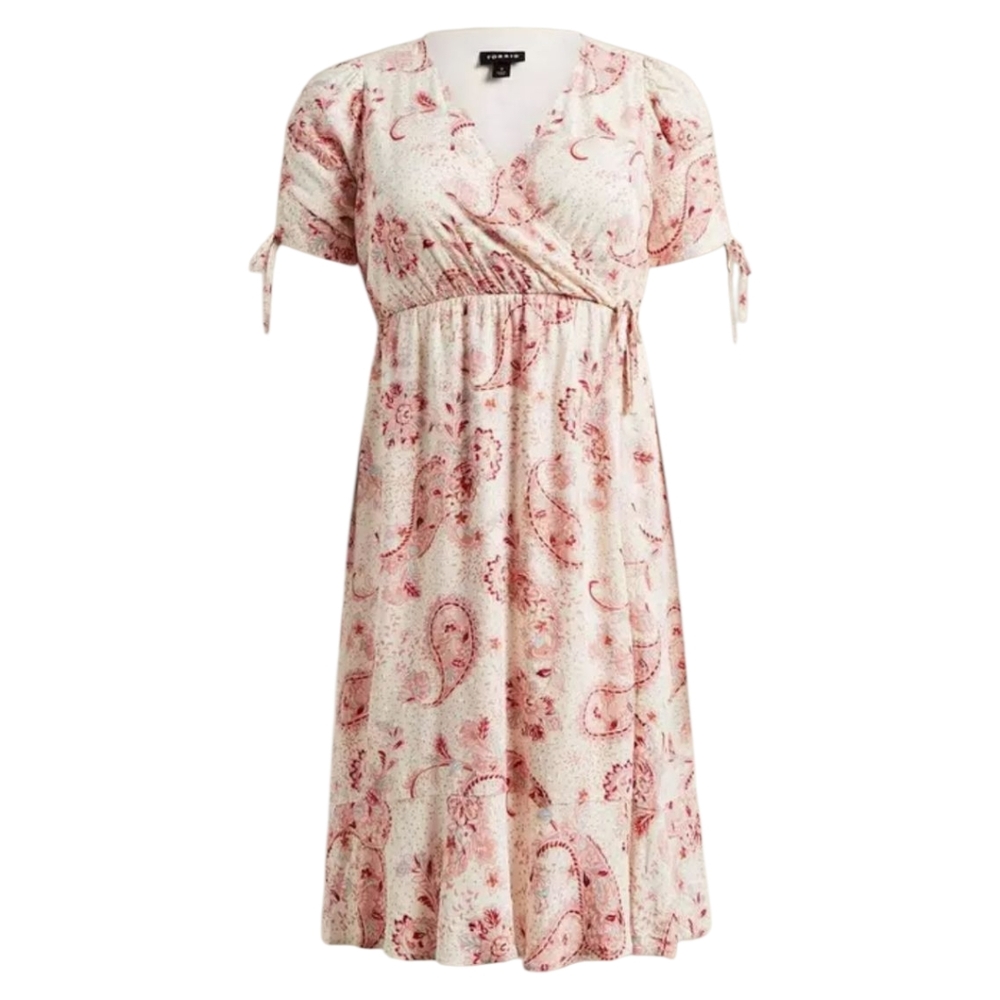 Torrid Midi Swiss Dot Surplice Paisley Wrap Dress Pink Cream Short Sleeve Lined - Picture 2 of 12